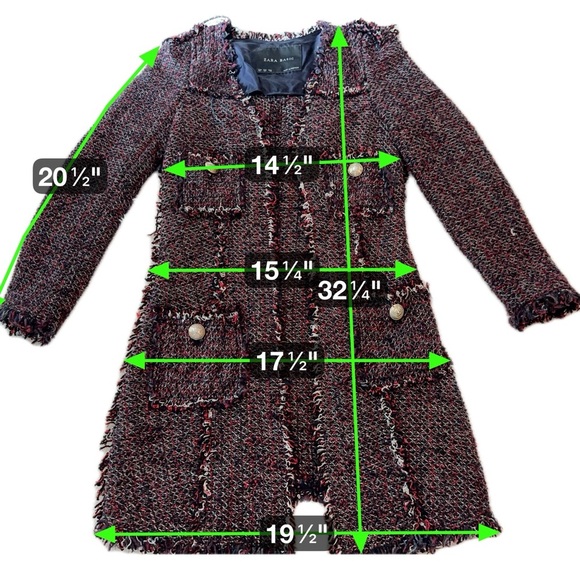Zara Basic Tweed Longline Coat Jacket XS Black Red Fringe Bouclé - Picture 14 of 16
